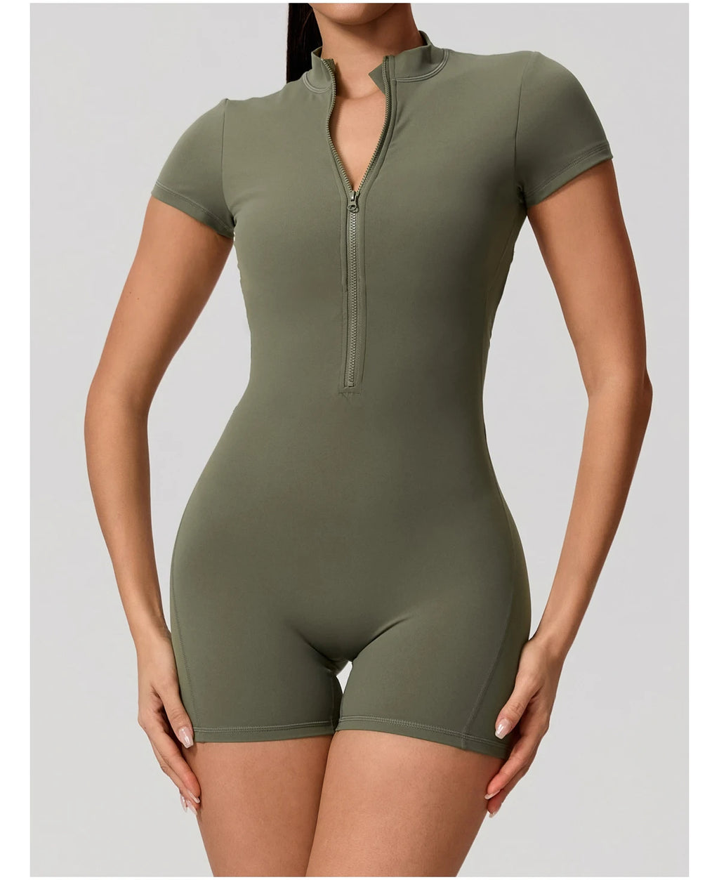 Hearuisavy Women's Short Sleeved Sports Overalls Outdoor Running Yoga Jumpsuit High Stretch Push Up Fitness Bodysuit With Zipper