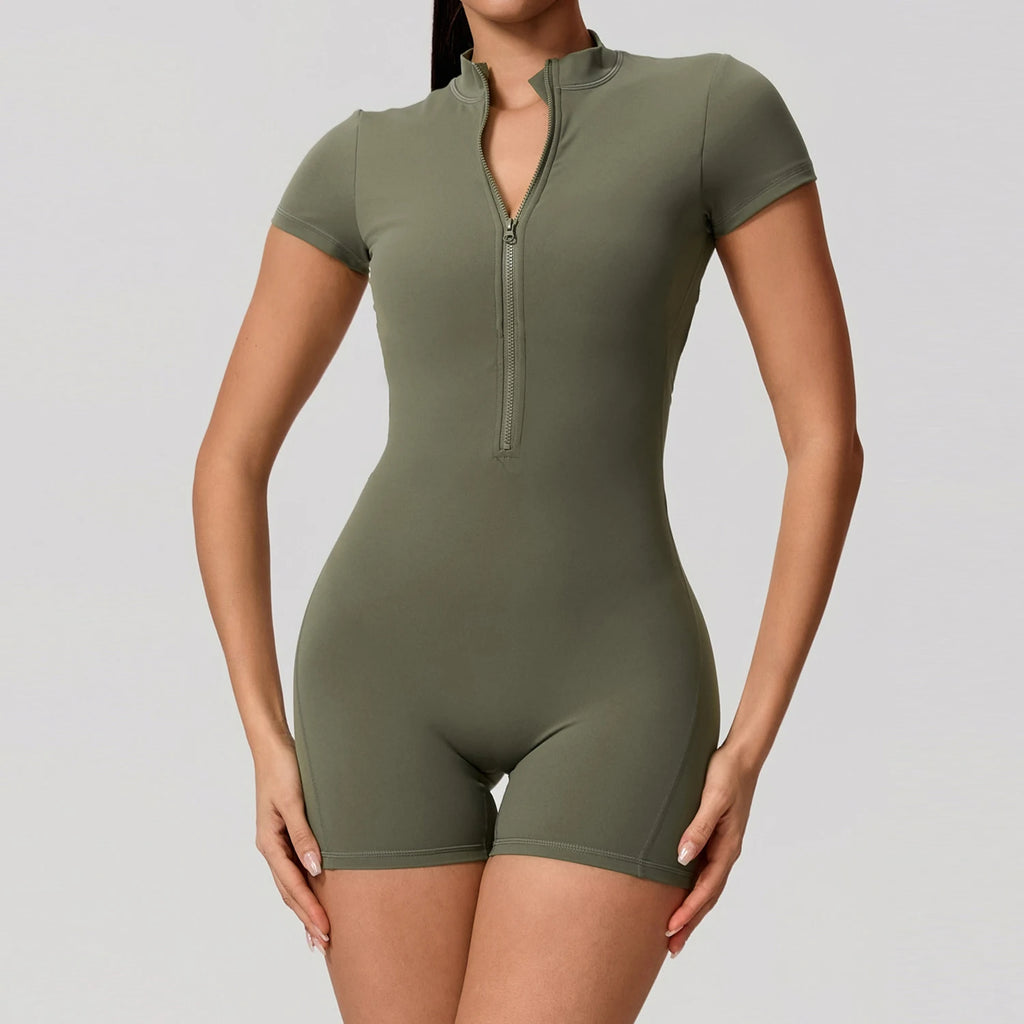 Hearuisavy Women's Short Sleeved Sports Overalls Outdoor Running Yoga Jumpsuit High Stretch Push Up Fitness Bodysuit With Zipper