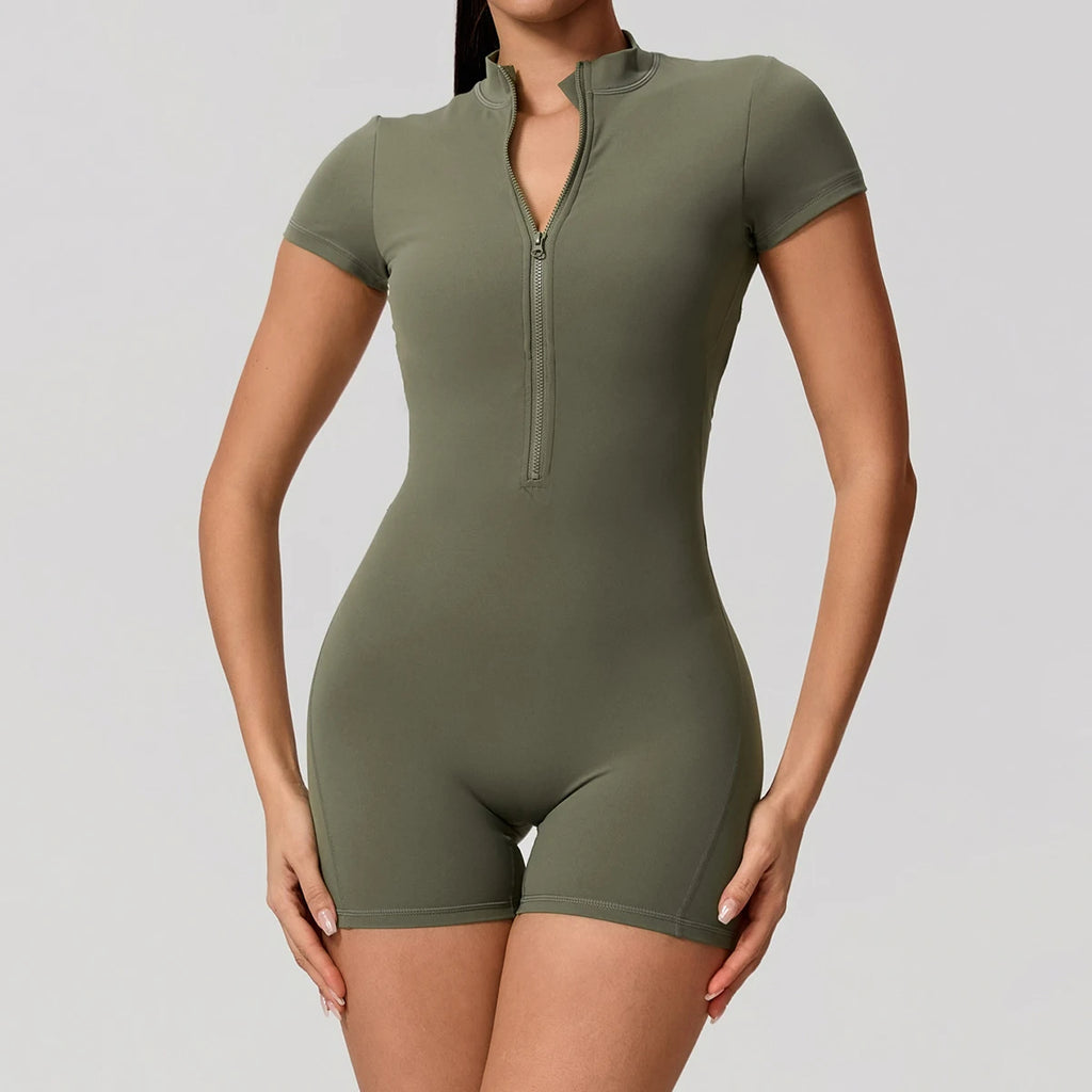 Hearuisavy Women's Short Sleeved Sports Overalls Outdoor Running Yoga Jumpsuit High Stretch Push Up Fitness Bodysuit With Zipper