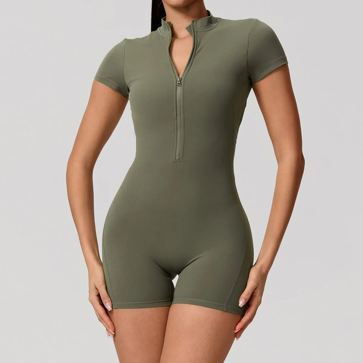 Hearuisavy Women's Short Sleeved Sports Overalls Outdoor Running Yoga Jumpsuit High Stretch Push Up Fitness Bodysuit With Zipper